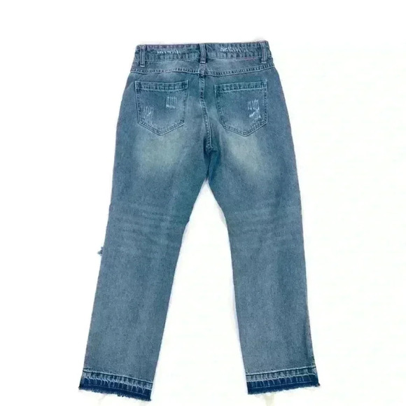 Forever 21 Women’s Distressed Boyfriend Blue Jeans w/Patches Relaxed Size Small - Picture 2 of 5